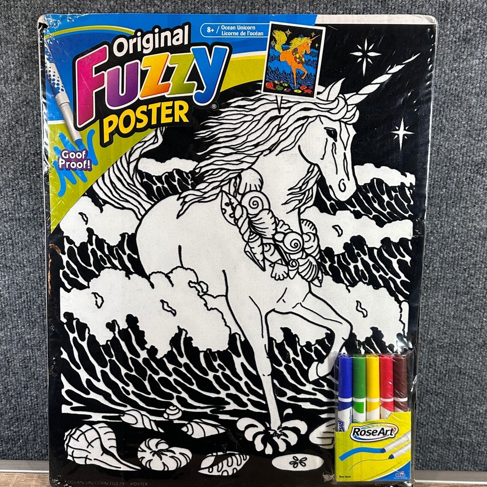 VTG Fuzzy Poster RoseArt Ocean Unicorn Velvet Art Kit New C7069 SEALED RARE!